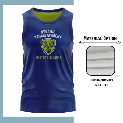 Custom full sublimation printed 180gsm spandex milk silk tank top for men, women and kids laid flat, showcasing vibrant design on luxurious fabric