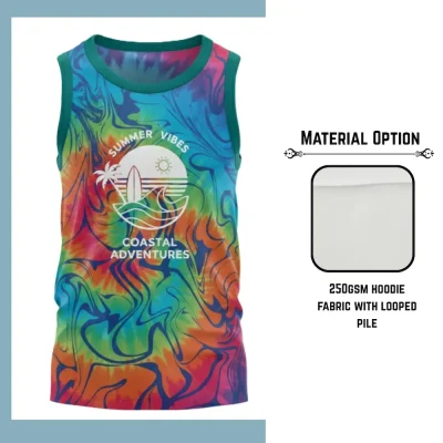 Custom full sublimation printed 250g lightweight sweat tank for men, women and kids laid flat, showcasing vibrant design on hoodie-style fabric