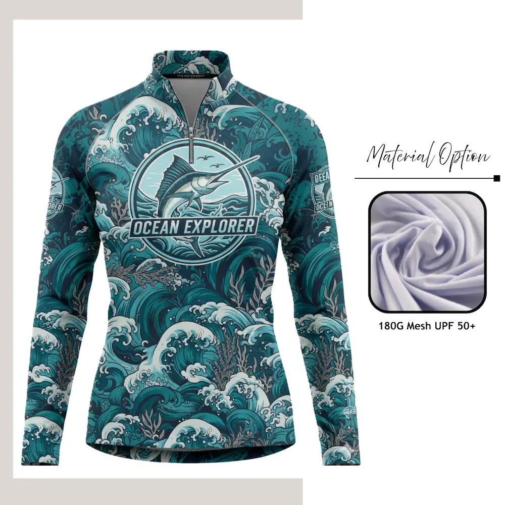 Custom full sublimation printed long sleeve quarter zip fishing jersey for unisex and kids laid flat, showcasing vibrant design on Ice Silk fabric.
