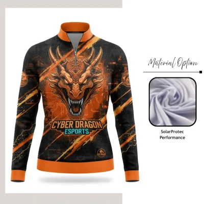 Custom full sublimation printed mesh long sleeve fishing jersey for unisex and kids laid flat, showcasing vibrant design on breathable UPF 30+ fabric