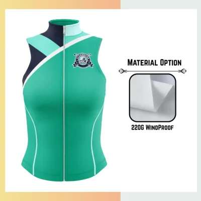 Custom women's full sublimation sleeveless golf vest in 220gsm windproof fabric with vibrant all-over geometric pattern