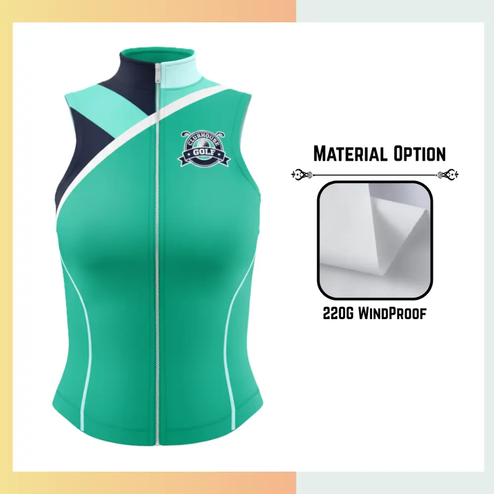 Custom women's full sublimation sleeveless golf vest in 220gsm windproof fabric with vibrant all-over geometric pattern