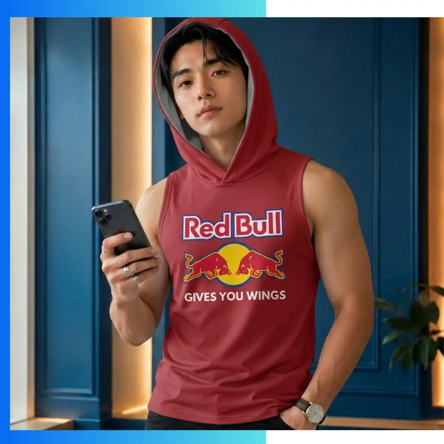 Custom Full Sublimation 250G Lightweight Sleeveless Hooded T-Shirt – Looped Pile Hoodie Tank with Kangaroo Pocket - Image 3