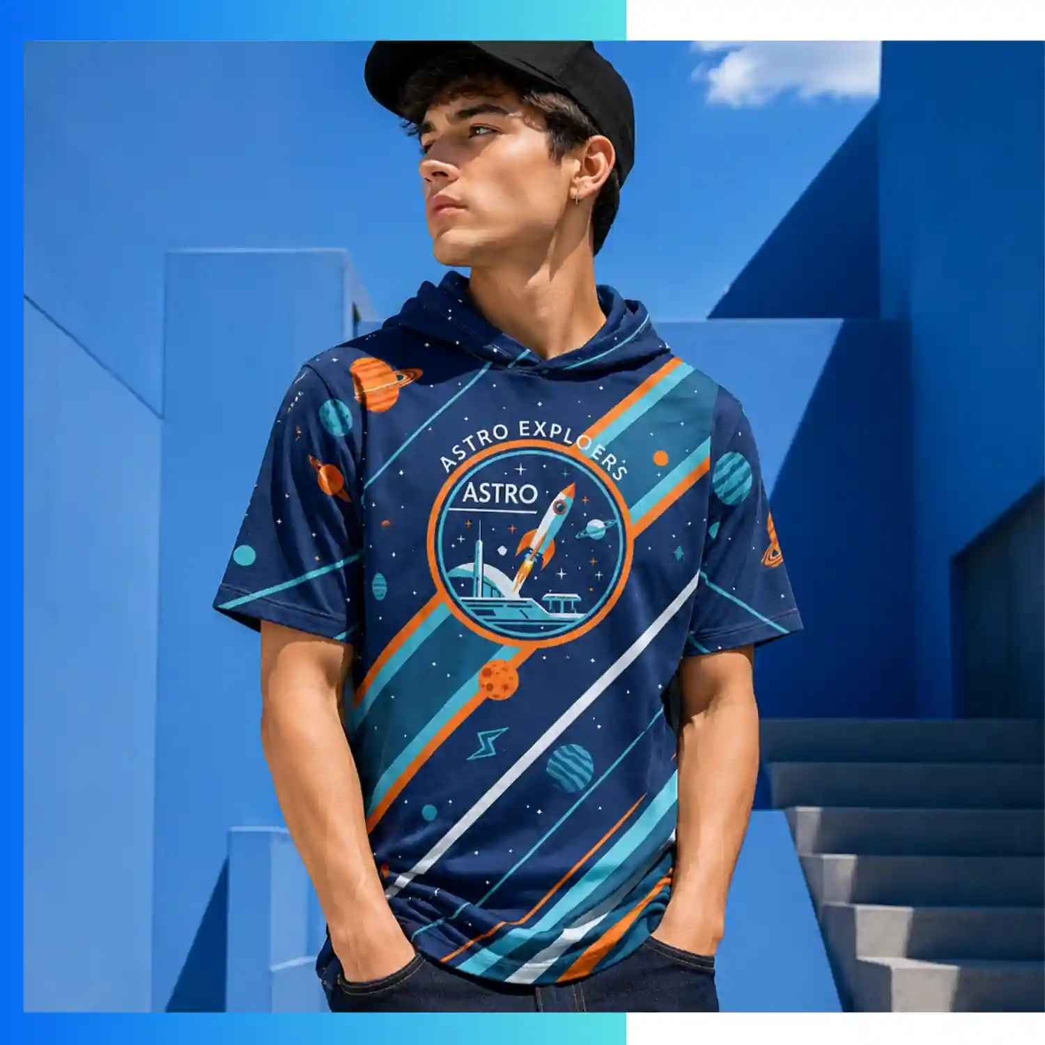 Custom Full Sublimation 180G Cotton-Feel Short Sleeve Hooded T-Shirt – Soft Performance Hoodie Tee - Image 3