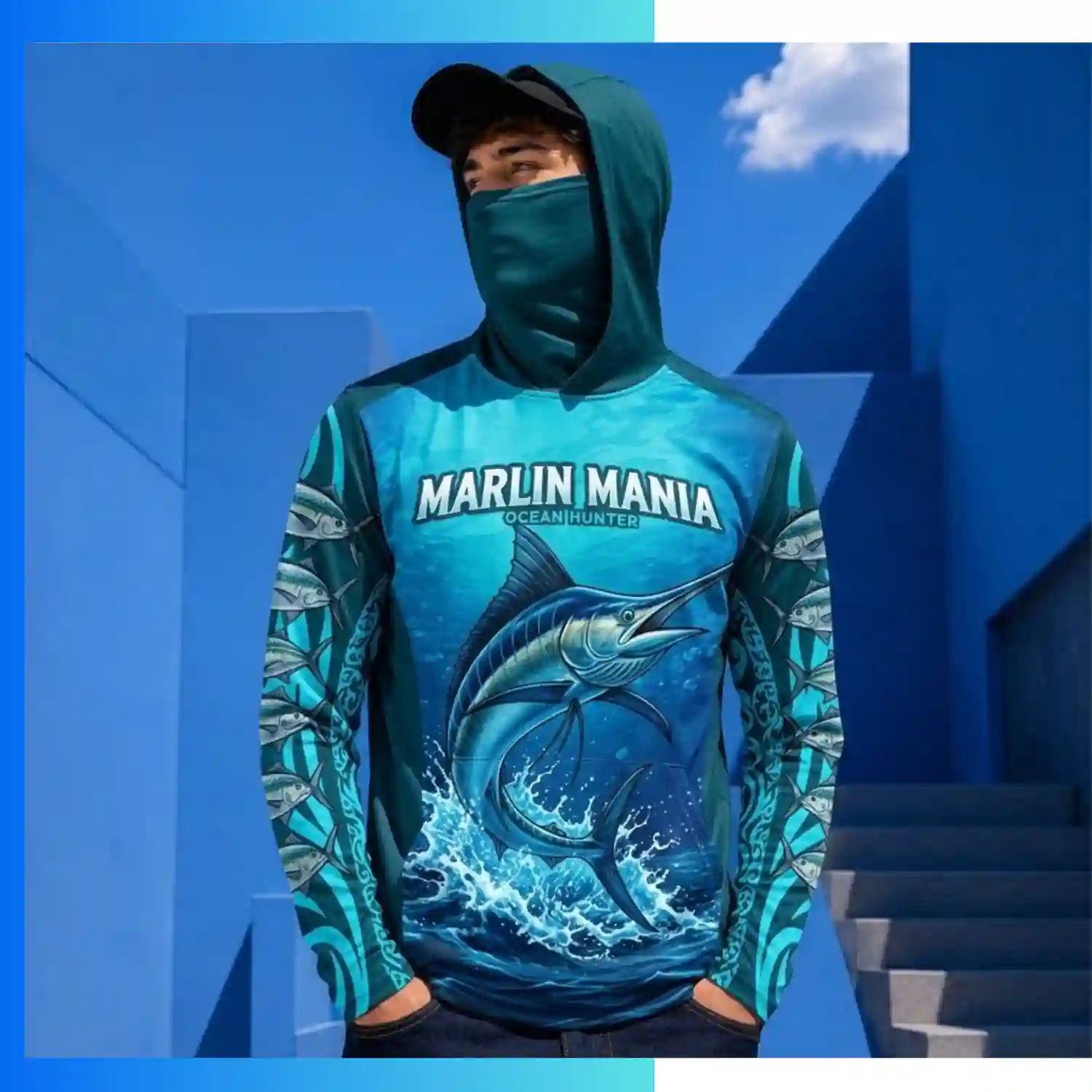Custom Full Sublimation Lightweight Hoodie with Integrated Gaiter & Kangaroo Pocket – 220G Fleece-Lined Performance Hoodie - Image 3