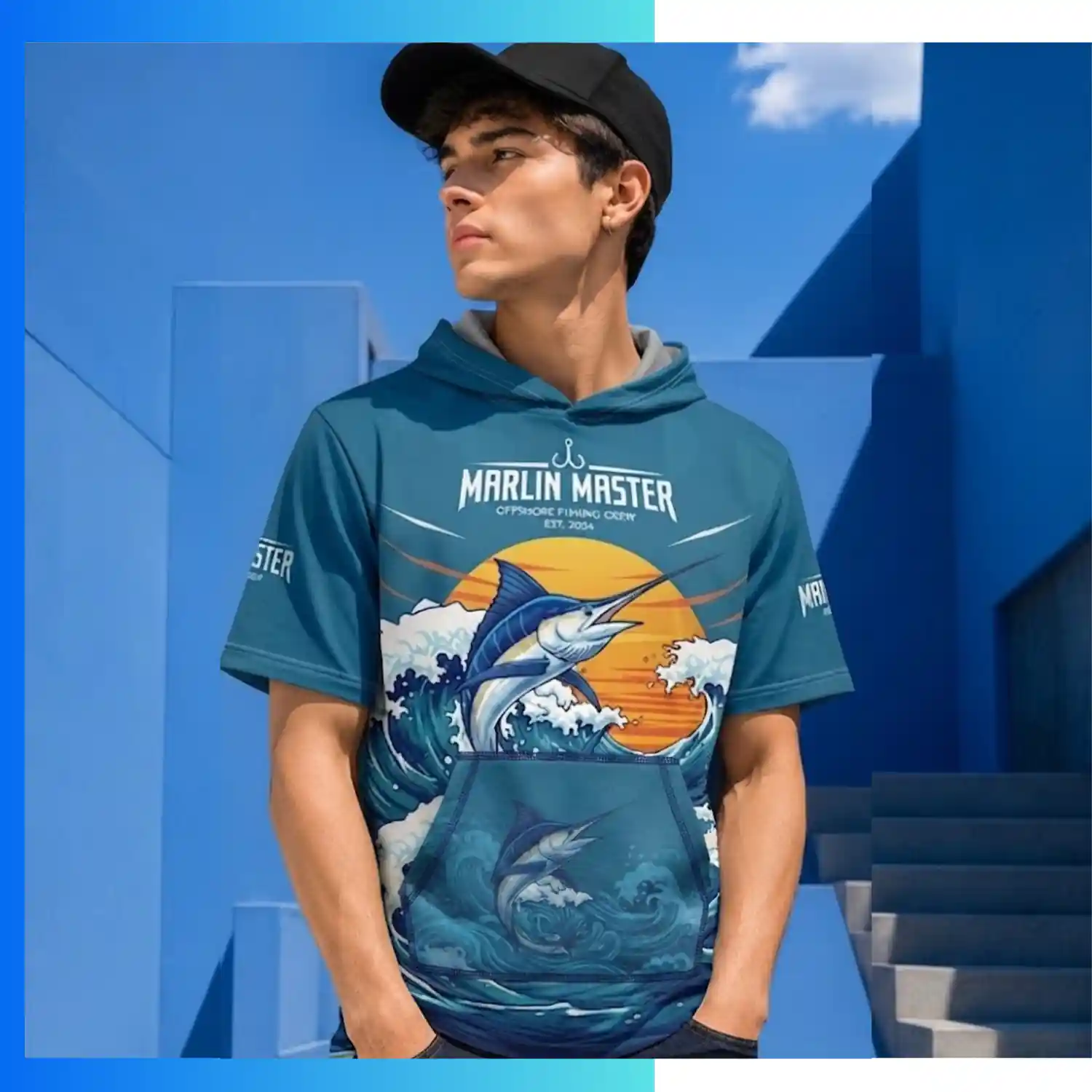 Custom Full Sublimation 220G Ultra Light Short Sleeve Hoodie with Kangaroo Pocket – Fleece-Lined Performance Hoodie Tee - Image 3