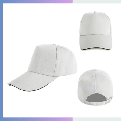 Off-white 80/20 cotton-poly 5-panel structured cap with sandwich bill and metal buckle closure