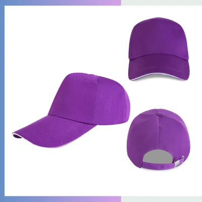 Purple 80/20 cotton-poly 5-panel structured cap with sandwich bill and metal buckle closure