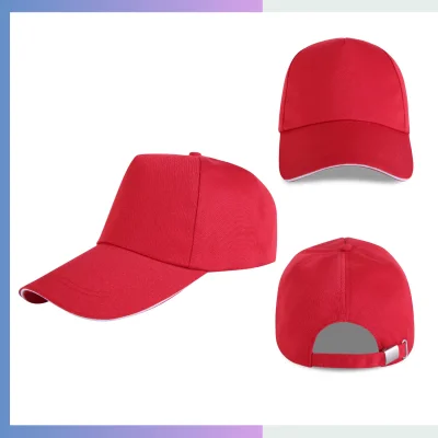 Red 80/20 cotton-poly 5-panel structured cap with sandwich bill and metal buckle closure