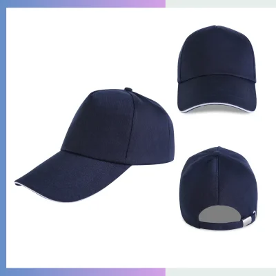 Navy blue 80/20 cotton-poly 5-panel structured cap with sandwich bill and metal buckle closure