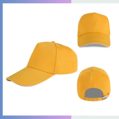 Yellow 80/20 cotton-poly 5-panel structured cap with sandwich bill and metal buckle closure