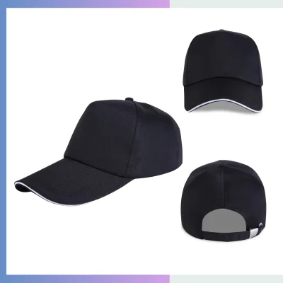 Black 80/20 cotton-poly 5-panel structured cap with sandwich bill and metal buckle closure