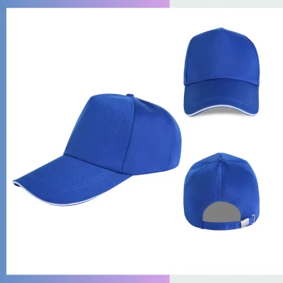 Royal blue 80/20 cotton-poly 5-panel structured cap with sandwich bill and metal buckle closure
