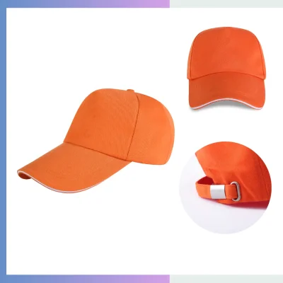 Orange 80/20 cotton-poly 5-panel structured cap with sandwich bill and metal buckle closure