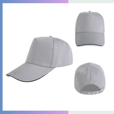 Light grey 80/20 cotton-poly 5-panel structured cap with sandwich bill and metal buckle closure