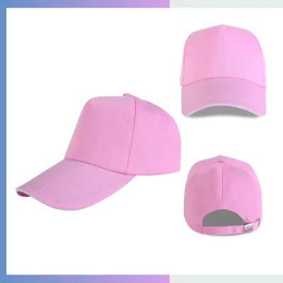 Light pink 80/20 cotton-poly 5-panel structured cap with sandwich bill and metal buckle closure