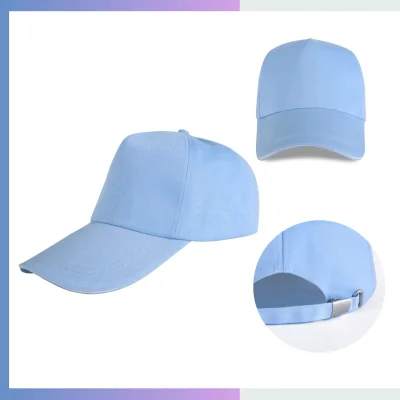 Sky blue 80/20 cotton-poly 5-panel structured cap with sandwich bill and metal buckle closure