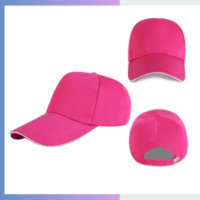 Hot pink 80/20 cotton-poly 5-panel structured cap with sandwich bill and metal buckle closure