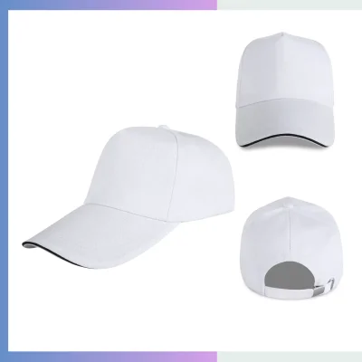 White 80/20 cotton-poly 5-panel structured cap with sandwich bill and metal buckle closure