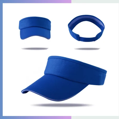 Royal blue 80/20 cotton-poly open-top sun visor 8.5cm pre-curved sandwich bill adjustable hook loop closure