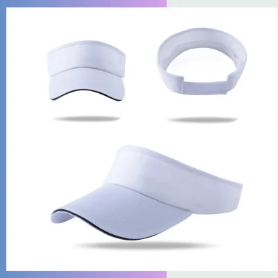 White 80/20 cotton-poly open-top sun visor 8.5cm pre-curved sandwich bill adjustable hook loop closure