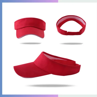 Red 80/20 cotton-poly open-top sun visor 8.5cm pre-curved sandwich bill adjustable hook loop closure
