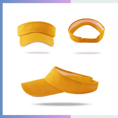 Yellow 80/20 cotton-poly open-top sun visor 8.5cm pre-curved sandwich bill adjustable hook loop closure