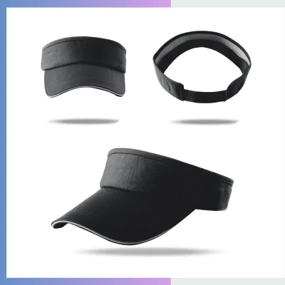 Black 80/20 cotton-poly open-top sun visor 8.5cm pre-curved sandwich bill adjustable hook loop closure