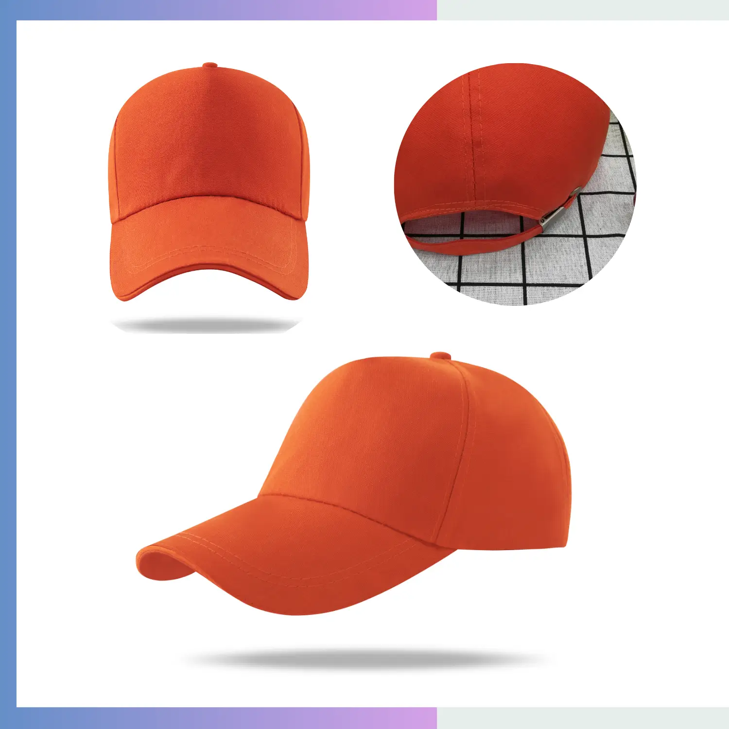 Orange 100% polyester canvas structured 5-panel cap 10cm pre-curved visor adjustable double buckle closure