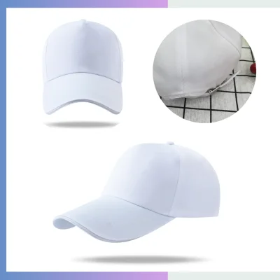 White 100% polyester canvas structured 5-panel cap 10cm pre-curved visor adjustable double buckle closure