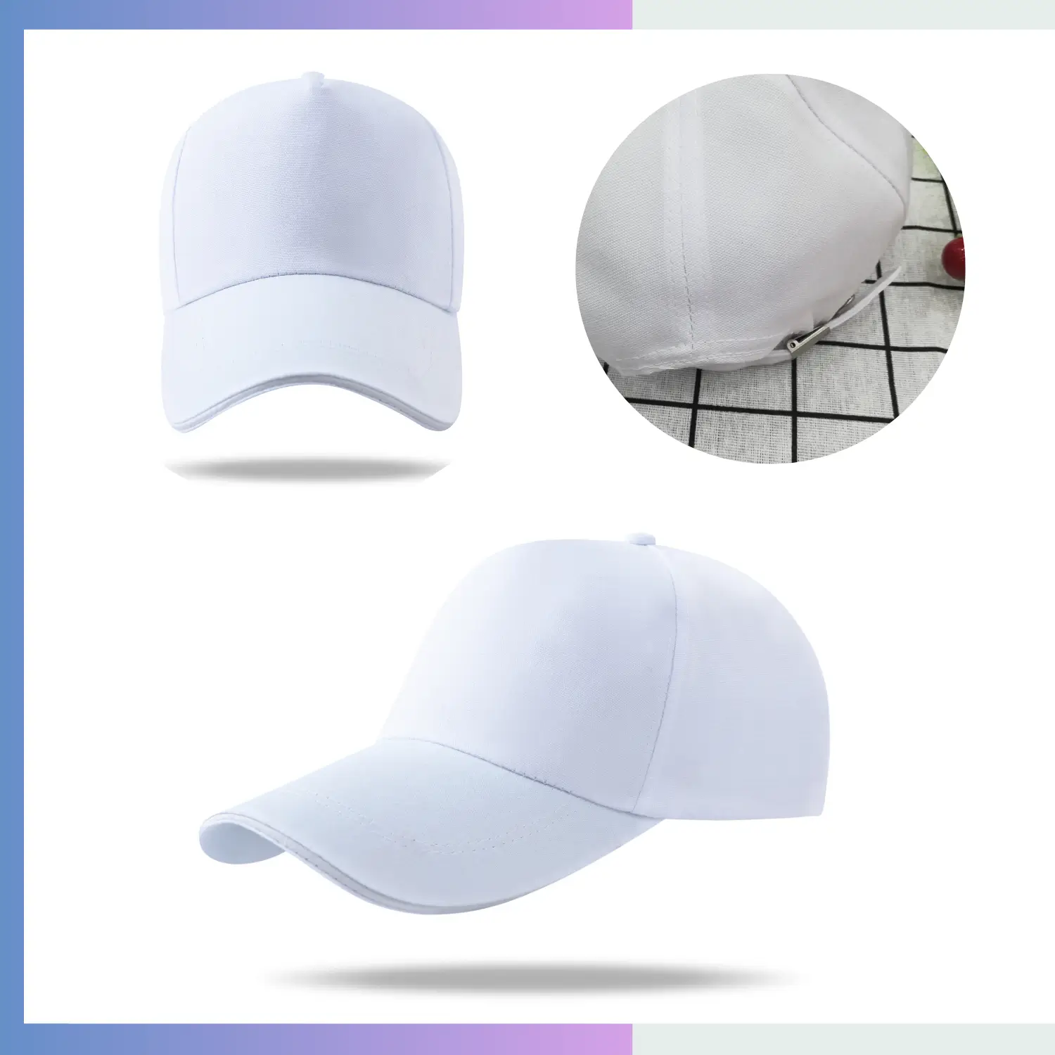 White 100% polyester canvas structured 5-panel cap 10cm pre-curved visor adjustable double buckle closure