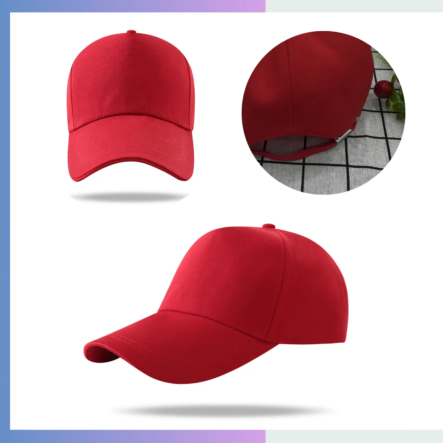 Red 100% polyester canvas structured 5-panel cap 10cm pre-curved visor adjustable double buckle closure
