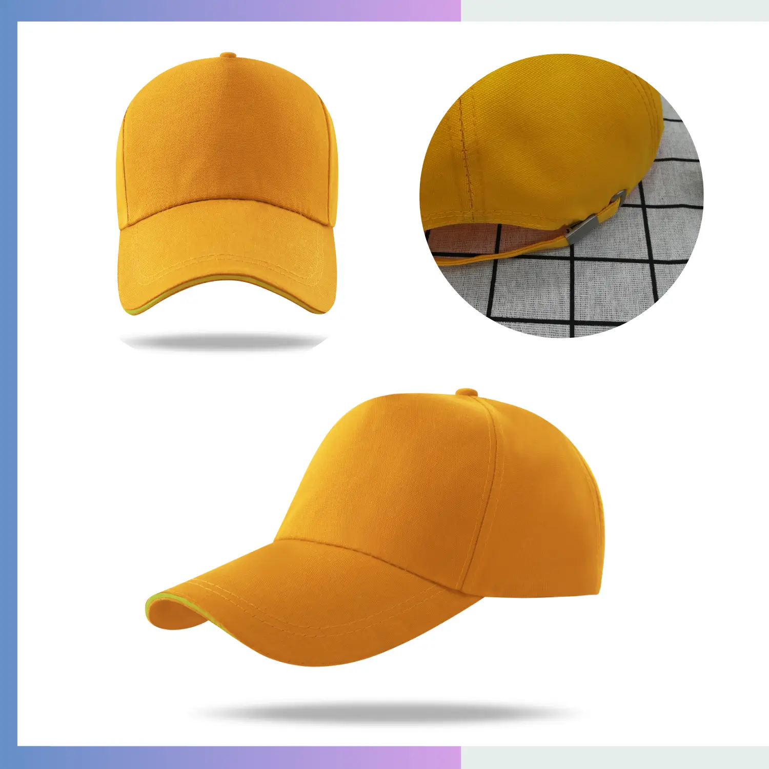 Yellow 100% polyester canvas structured 5-panel cap 10cm pre-curved visor adjustable double buckle closure