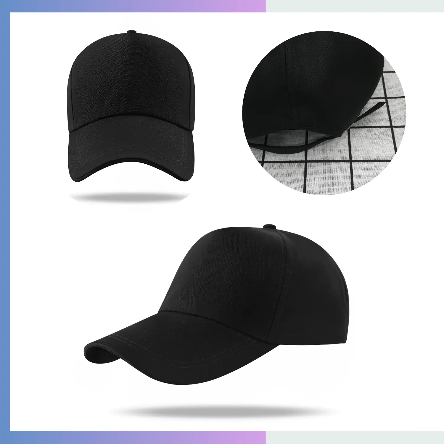 Black 100% polyester canvas structured 5-panel cap 10cm pre-curved visor adjustable double buckle closure