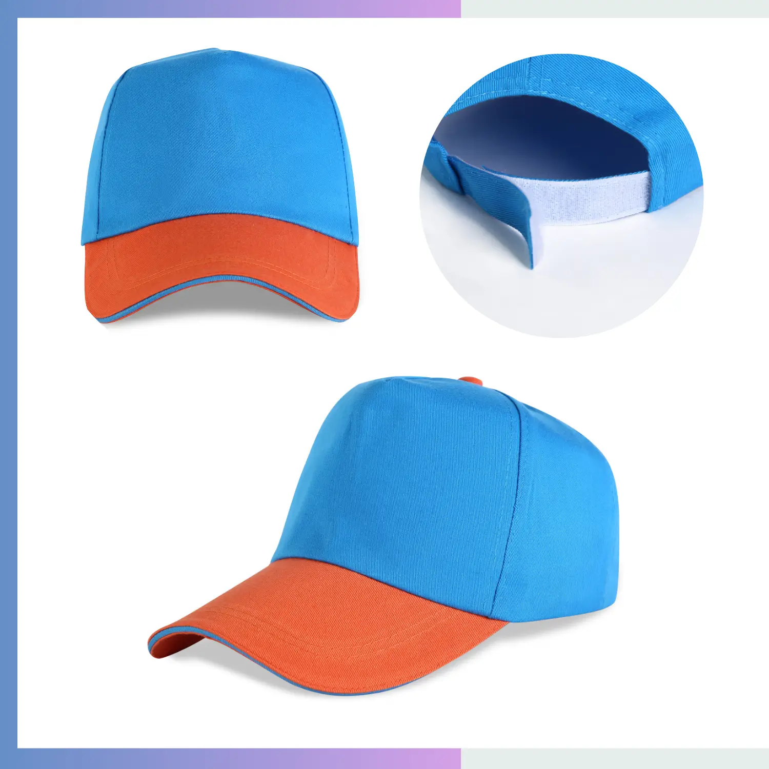 Blue and orange two-tone 80/20 cotton-poly structured cap with sandwich bill and hook loop closure