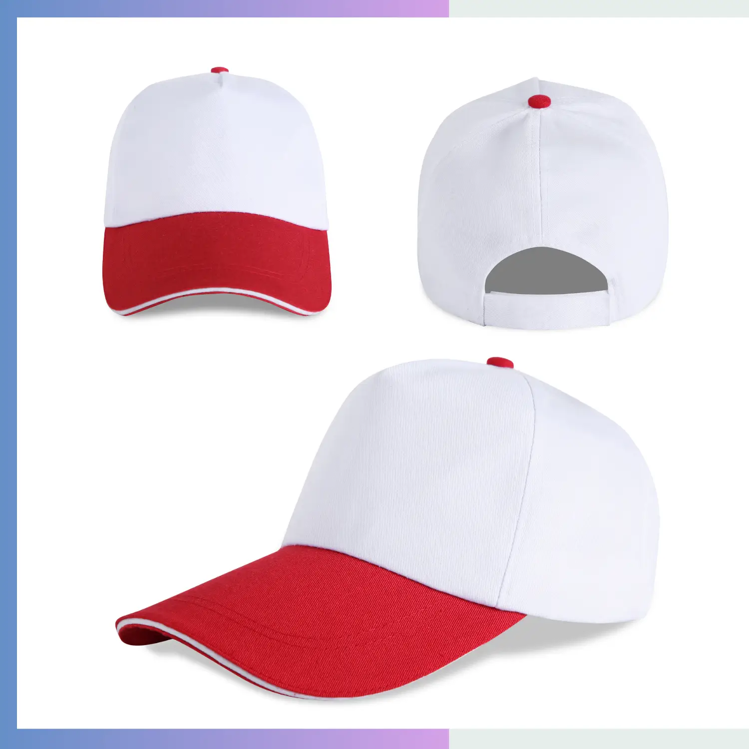 White and red two-tone 80/20 cotton-poly structured cap with sandwich bill and hook loop closure