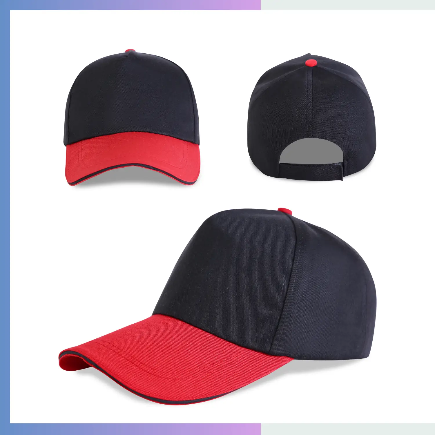 Black and red two-tone 80/20 cotton-poly structured cap with sandwich bill and hook loop closure