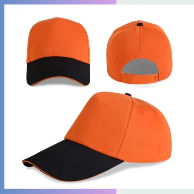 Orange and black two-tone 80/20 cotton-poly structured cap with sandwich bill and hook loop closure