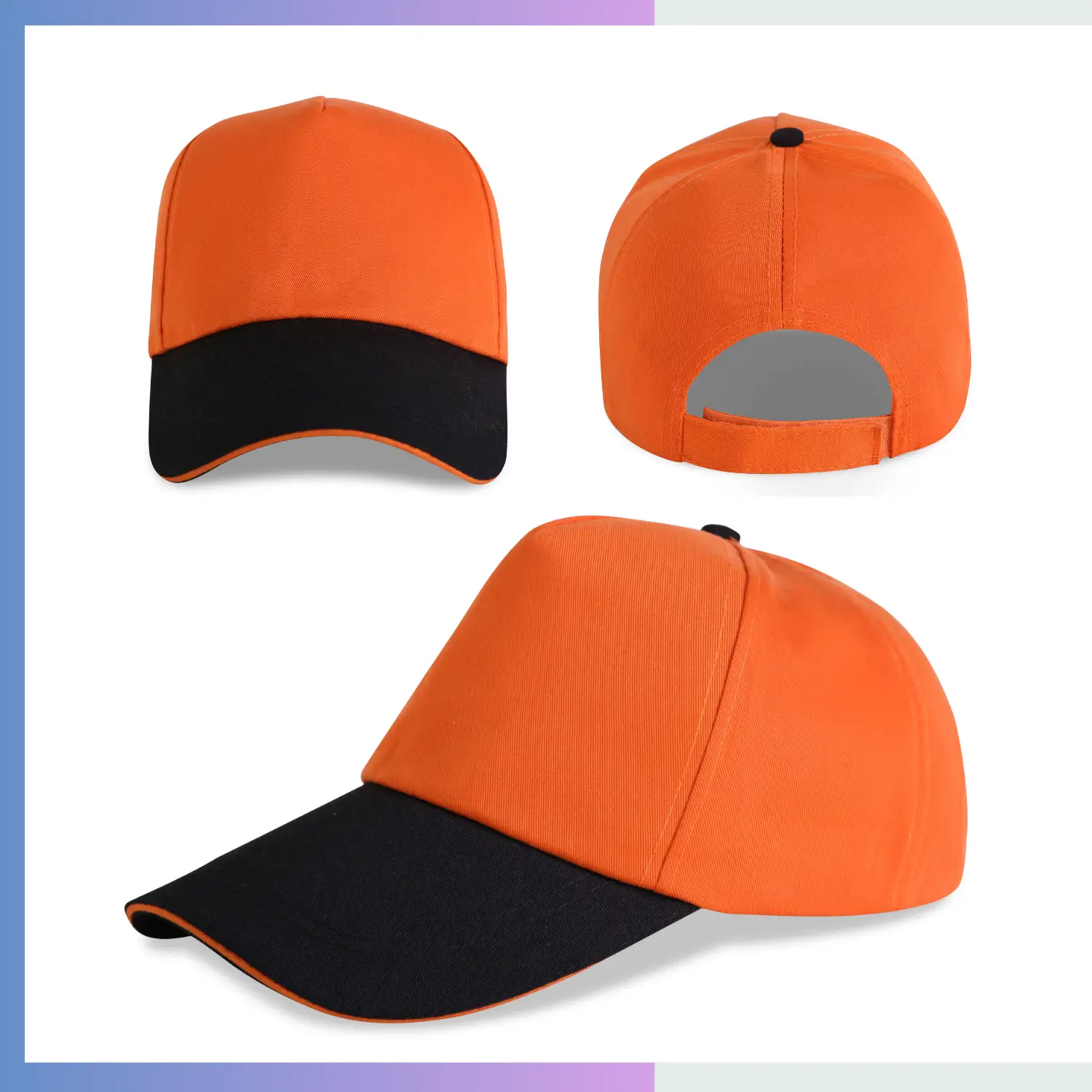 Orange and black two-tone 80/20 cotton-poly structured cap with sandwich bill and hook loop closure