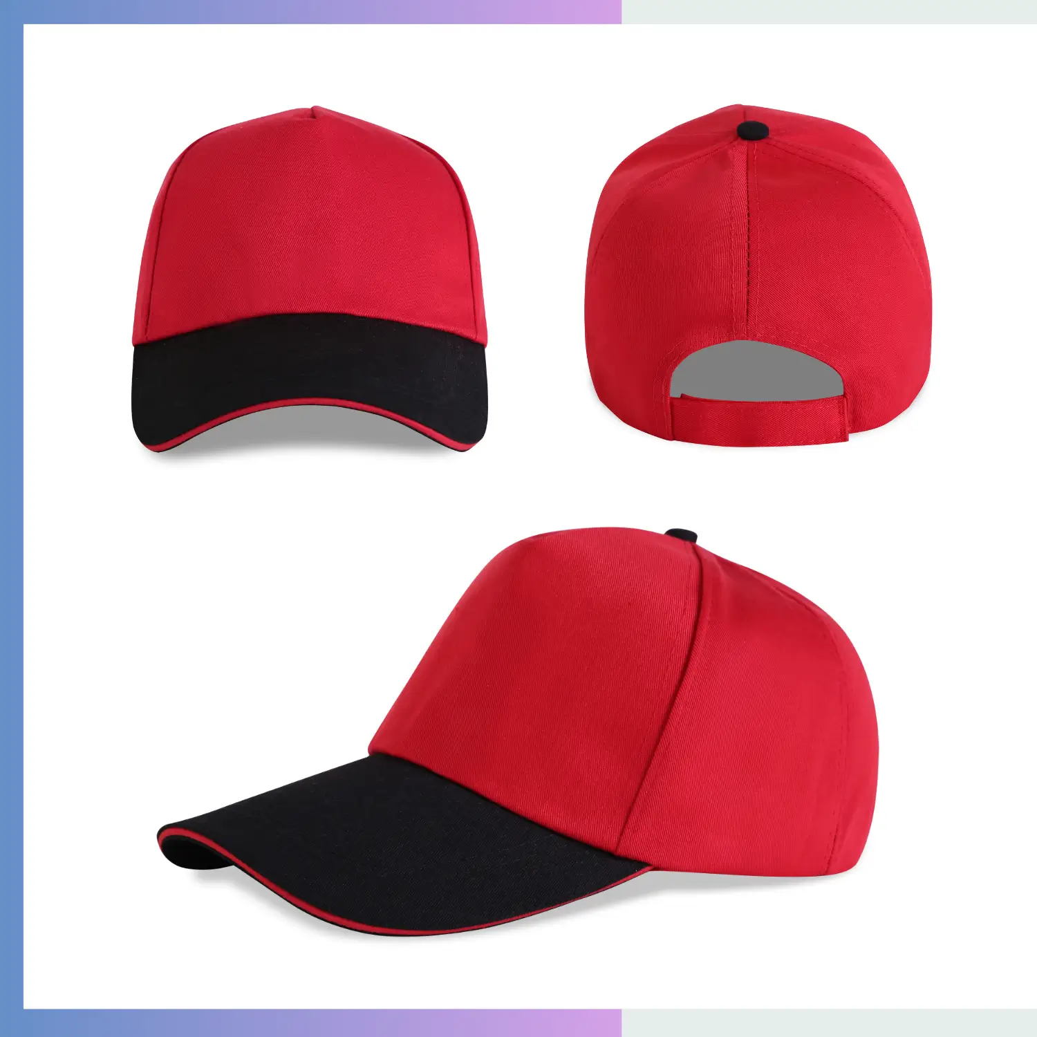 Red and black two-tone 80/20 cotton-poly structured cap with sandwich bill and hook loop closure