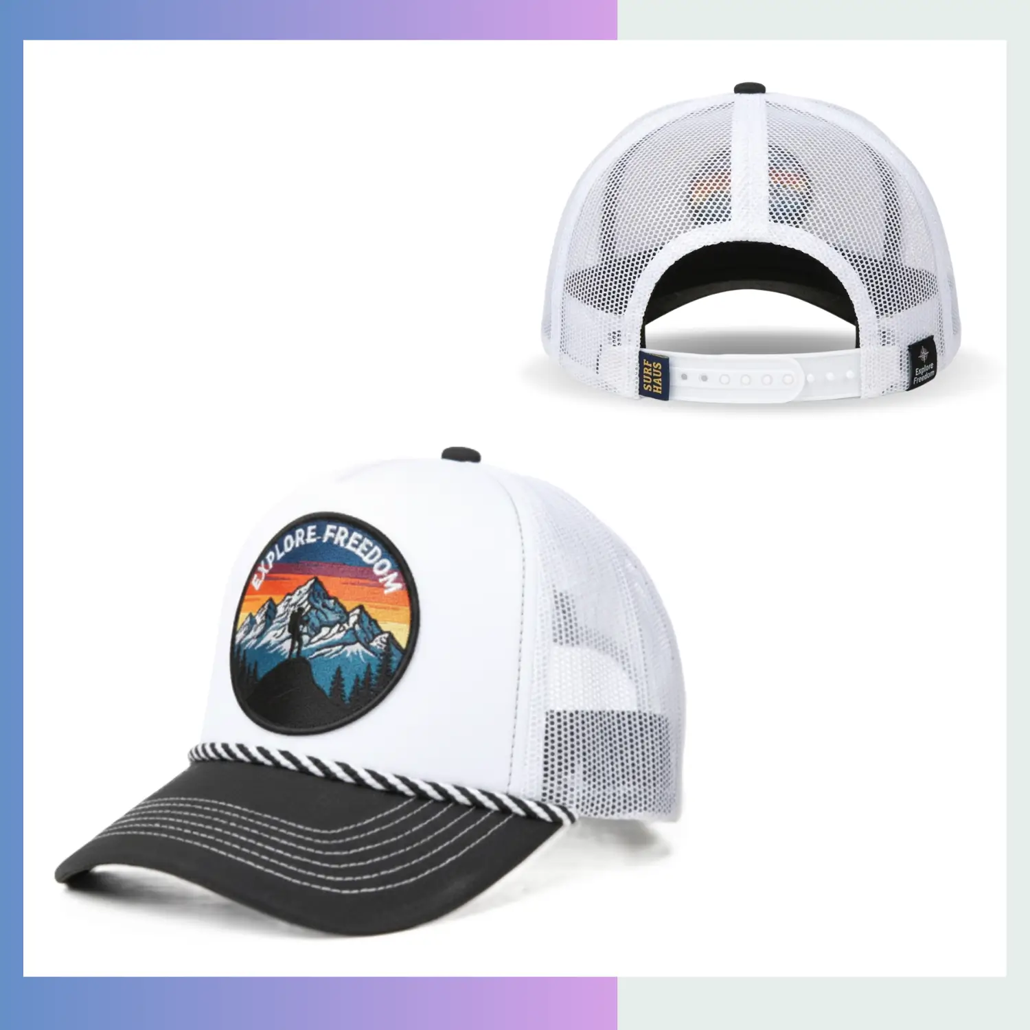 3mm high density sponge foam front cap white peach fabric 5-panel mesh back rope detail plastic snapback