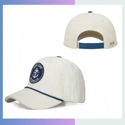 8-pit 6-piece corduroy structured 5-panel cap mesh back halfmoon buckram plastic snapback cotton sweatband