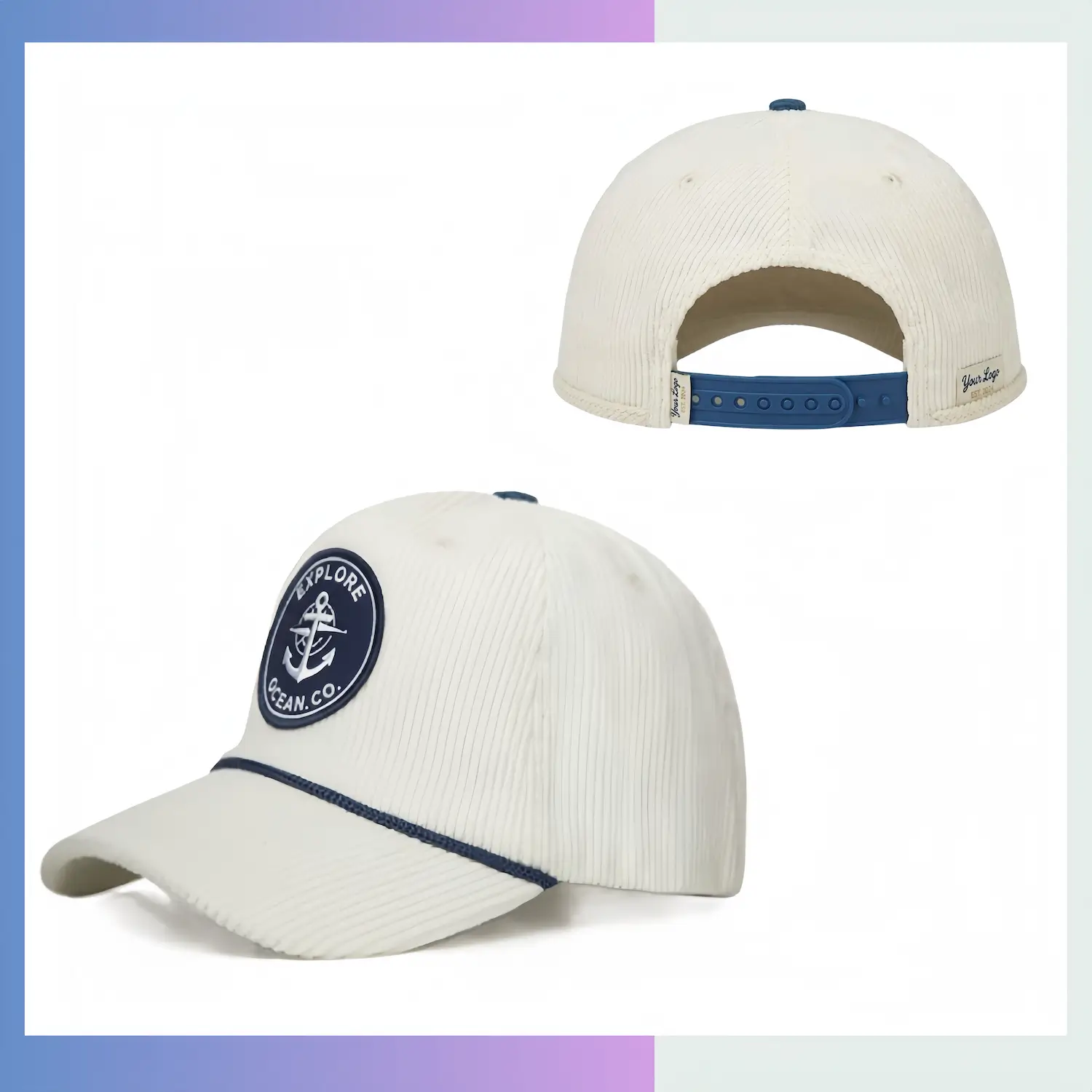 8-pit 6-piece corduroy structured 5-panel cap mesh back halfmoon buckram plastic snapback cotton sweatband