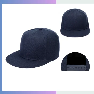 Navy 7cm flat bill cap structured 6-panel maoqing polyester plastic snapback closure