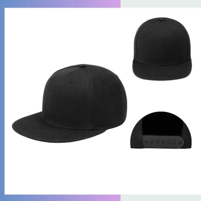 Black 7cm flat bill cap structured 6-panel maoqing polyester plastic snapback closure