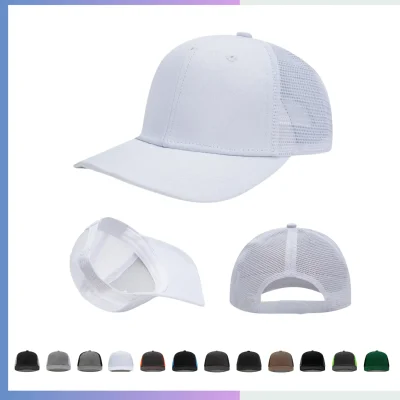 All-white trucker cap structured 6-panel 280gsm cotton twill reinforced visor velcro closure