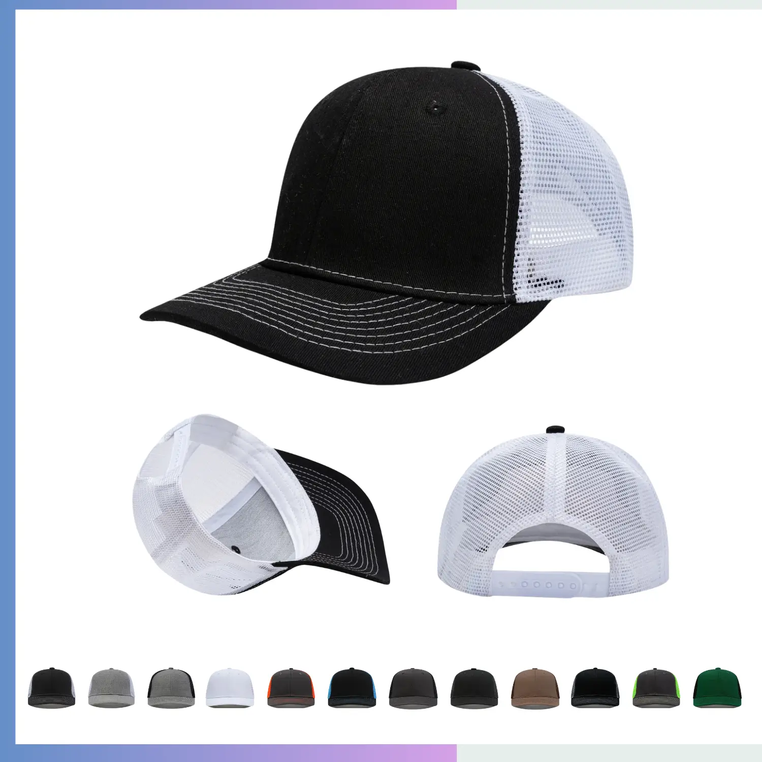Black front white mesh trucker cap structured 6-panel 280gsm cotton twill reinforced visor velcro closure