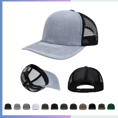 Light grey front black mesh trucker cap structured 6-panel 280gsm cotton twill reinforced visor velcro closure