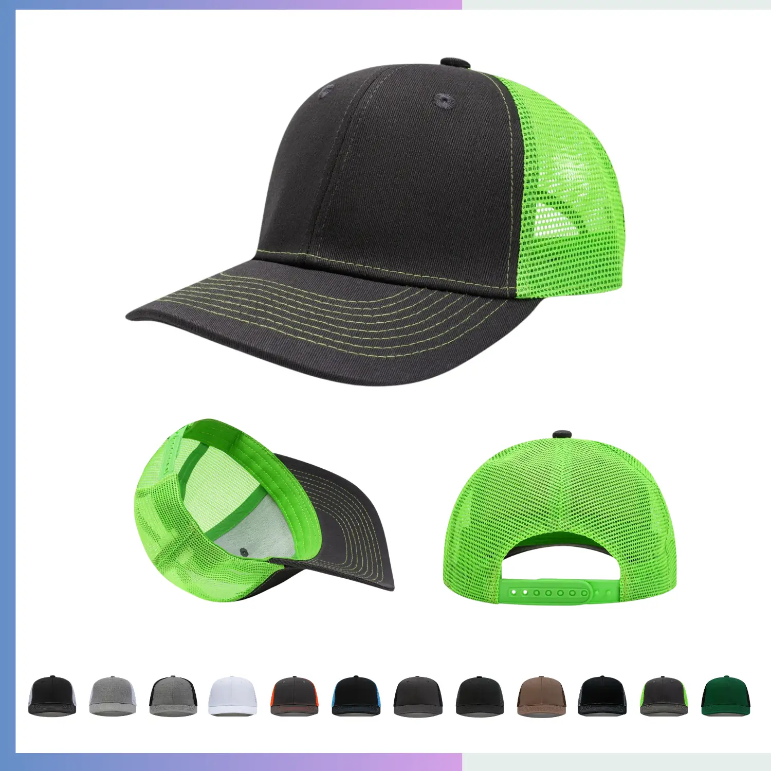 Black front green mesh trucker cap structured 6-panel 280gsm cotton twill reinforced visor velcro closure