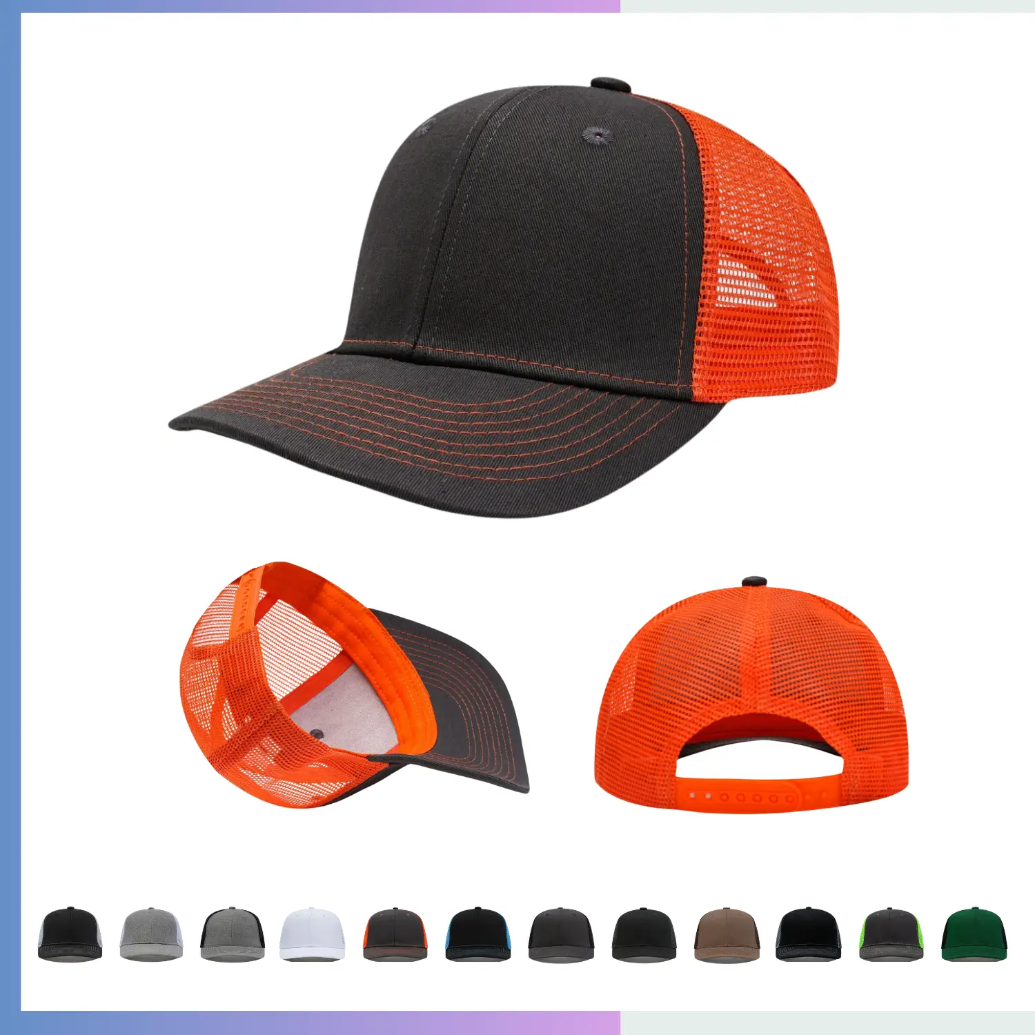 Black front orange mesh trucker cap structured 6-panel 280gsm cotton twill reinforced visor velcro closure